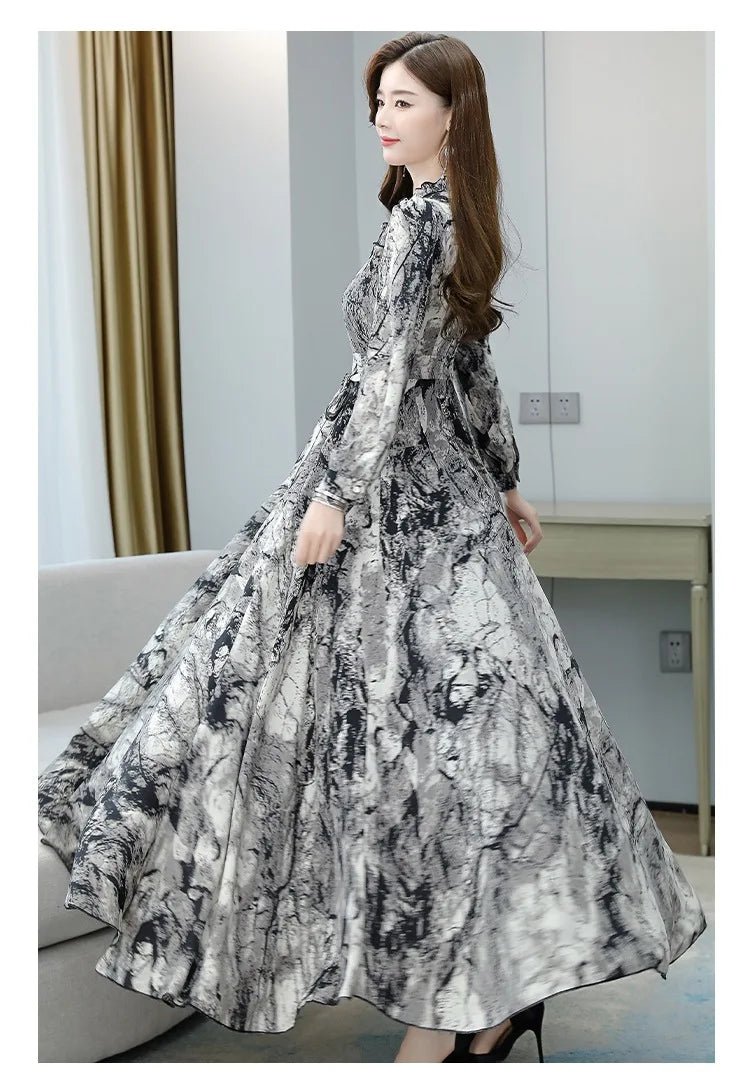 Dress Print Chiffon Long Sleeve O Neck Midi Length Lightweight Polyester Blend Casual Elegant - SN Wigs & More