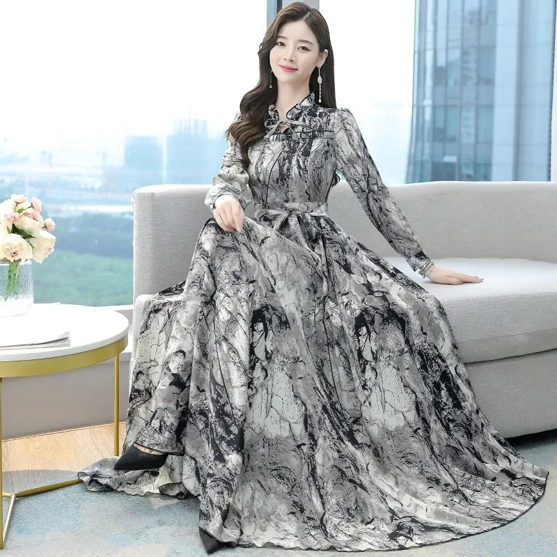 Dress Print Chiffon Long Sleeve O Neck Midi Length Lightweight Polyester Blend Casual Elegant - SN Wigs & More