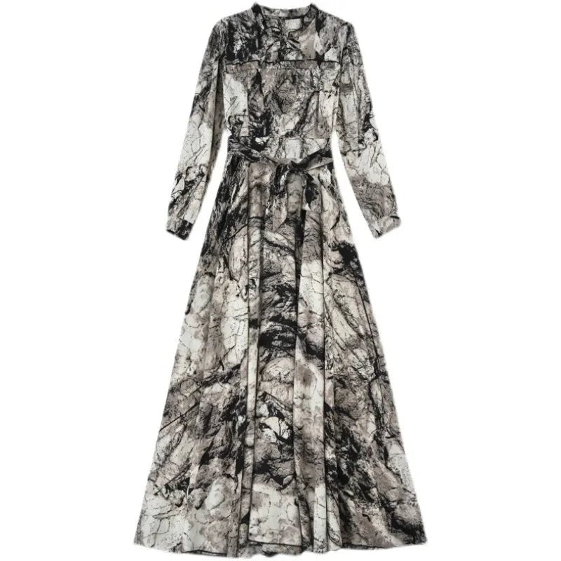 Dress Print Chiffon Long Sleeve O Neck Midi Length Lightweight Polyester Blend Casual Elegant - SN Wigs & More