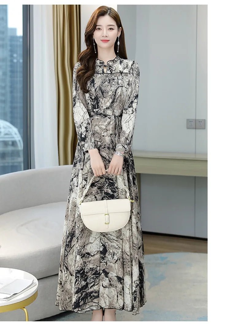 Dress Print Chiffon Long Sleeve O Neck Midi Length Lightweight Polyester Blend Casual Elegant - SN Wigs & More