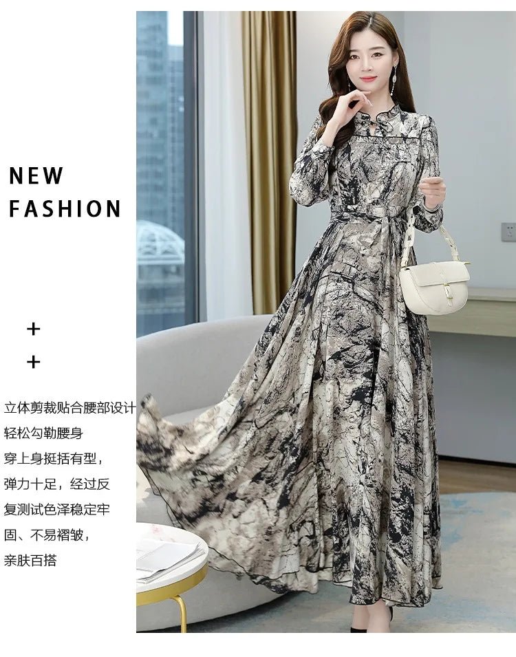 Dress Print Chiffon Long Sleeve O Neck Midi Length Lightweight Polyester Blend Casual Elegant - SN Wigs & More