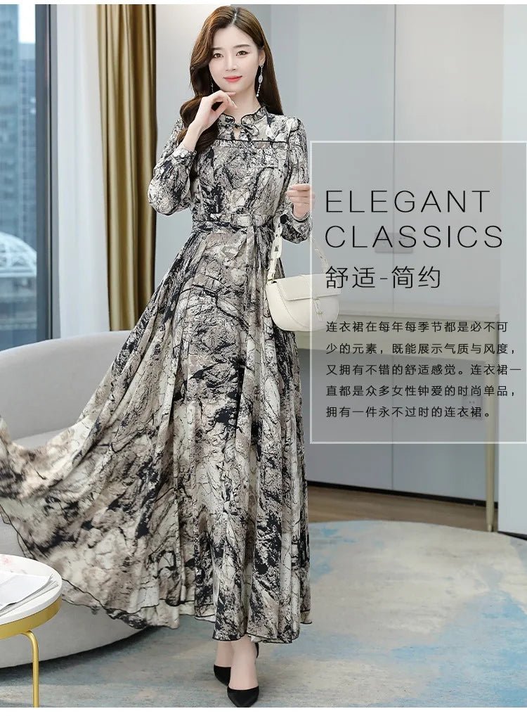 Dress Print Chiffon Long Sleeve O Neck Midi Length Lightweight Polyester Blend Casual Elegant - SN Wigs & More