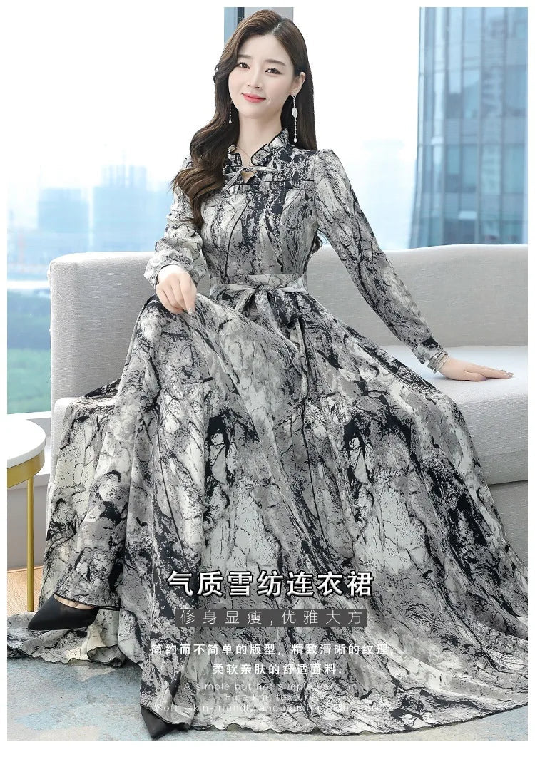 Dress Print Chiffon Long Sleeve O Neck Midi Length Lightweight Polyester Blend Casual Elegant - SN Wigs & More
