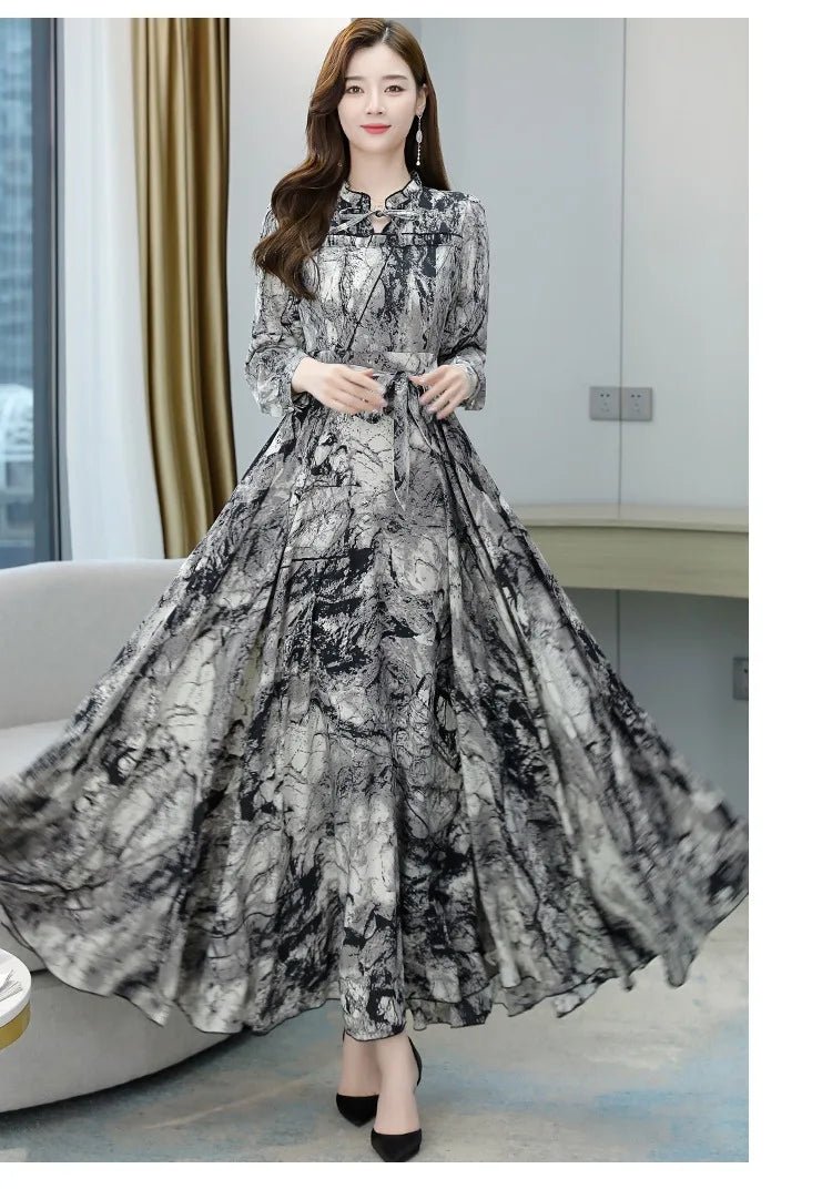Dress Print Chiffon Long Sleeve O Neck Midi Length Lightweight Polyester Blend Casual Elegant - SN Wigs & More