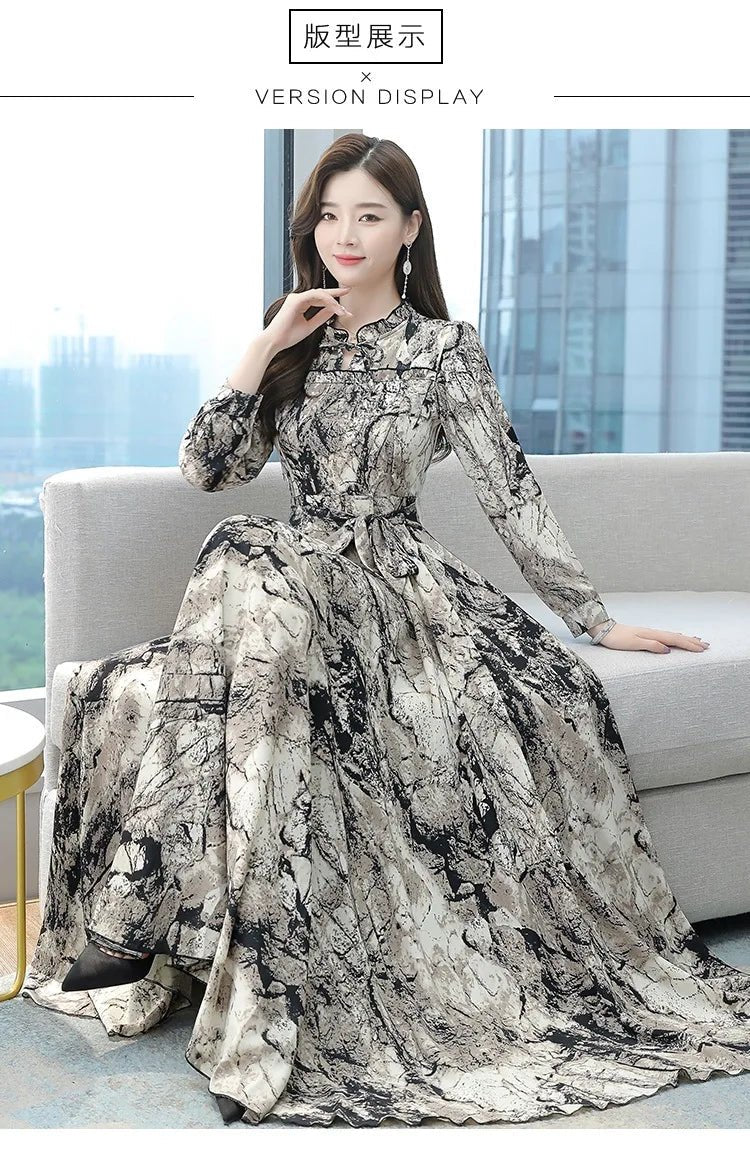 Dress Print Chiffon Long Sleeve O Neck Midi Length Lightweight Polyester Blend Casual Elegant - SN Wigs & More