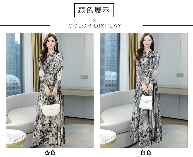 Dress Print Chiffon Long Sleeve O Neck Midi Length Lightweight Polyester Blend Casual Elegant - SN Wigs & More