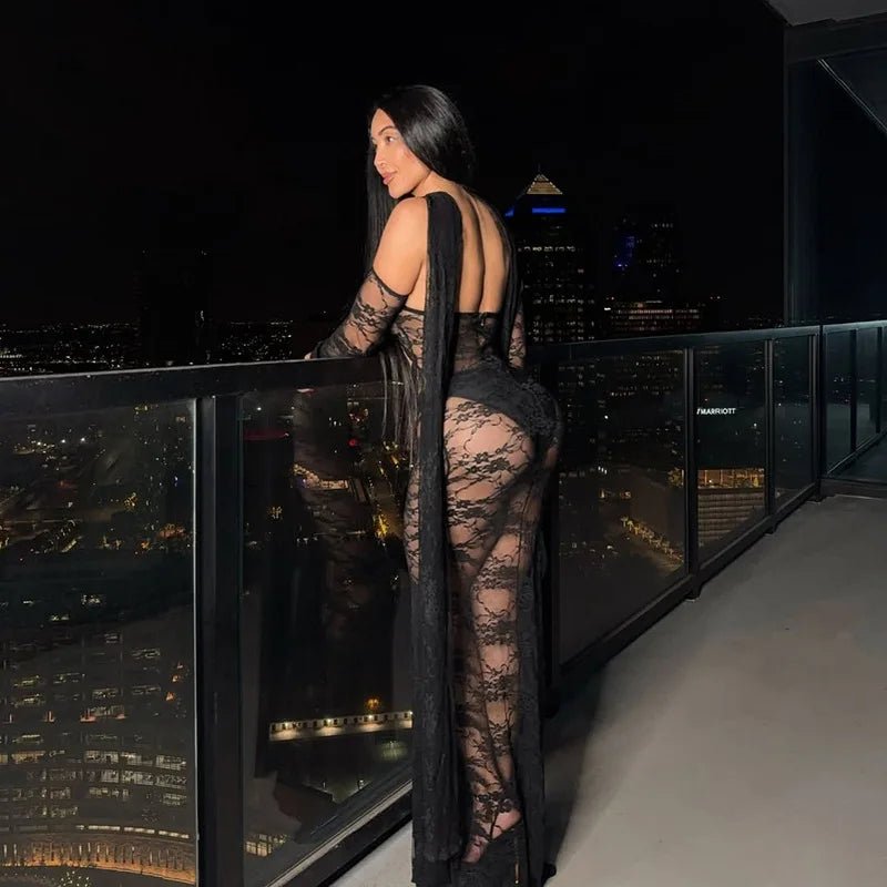Dress See Through Lace Mesh Cutout Maxi With Long Sleeves For Beach Style And Summer Heat - SN Wigs & More