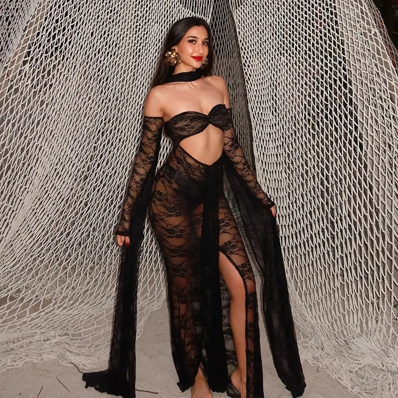 Dress See Through Lace Mesh Cutout Maxi With Long Sleeves For Beach Style And Summer Heat - SN Wigs & More