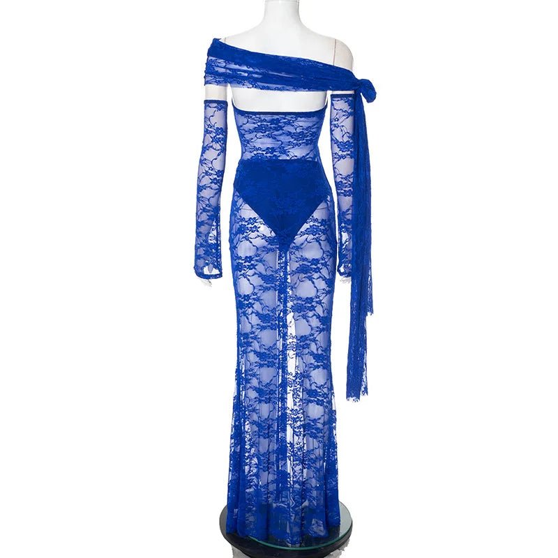 Dress See Through Lace Mesh Cutout Maxi With Long Sleeves For Beach Style And Summer Heat - SN Wigs & More