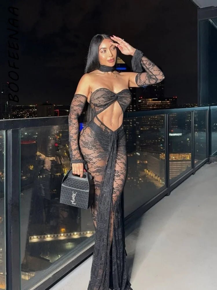 Dress See Through Lace Mesh Cutout Maxi With Long Sleeves For Beach Style And Summer Heat - SN Wigs & More