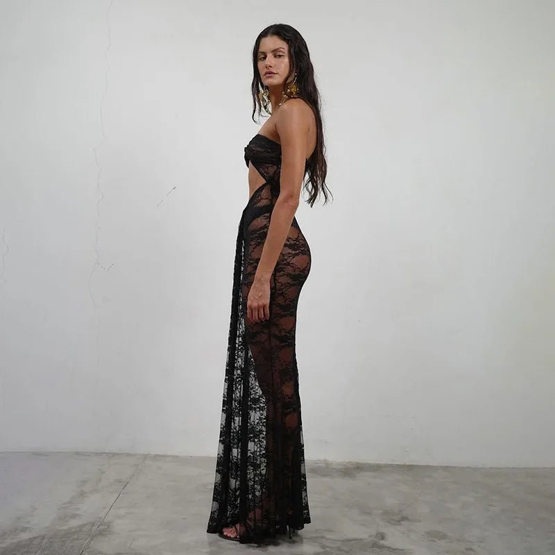 Dress See Through Lace Mesh Cutout Maxi With Long Sleeves For Beach Style And Summer Heat - SN Wigs & More