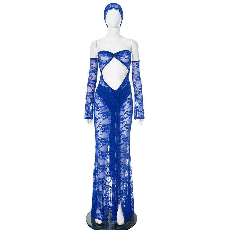 Dress See Through Lace Mesh Cutout Maxi With Long Sleeves For Beach Style And Summer Heat - SN Wigs & More