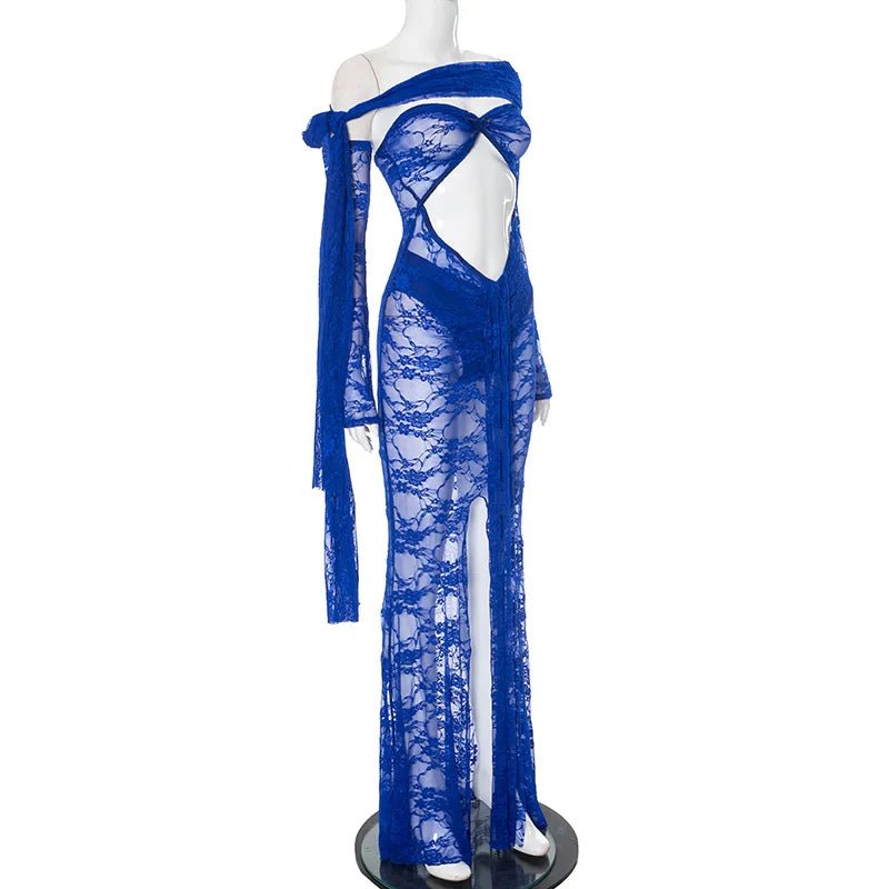 Dress See Through Lace Mesh Cutout Maxi With Long Sleeves For Beach Style And Summer Heat - SN Wigs & More
