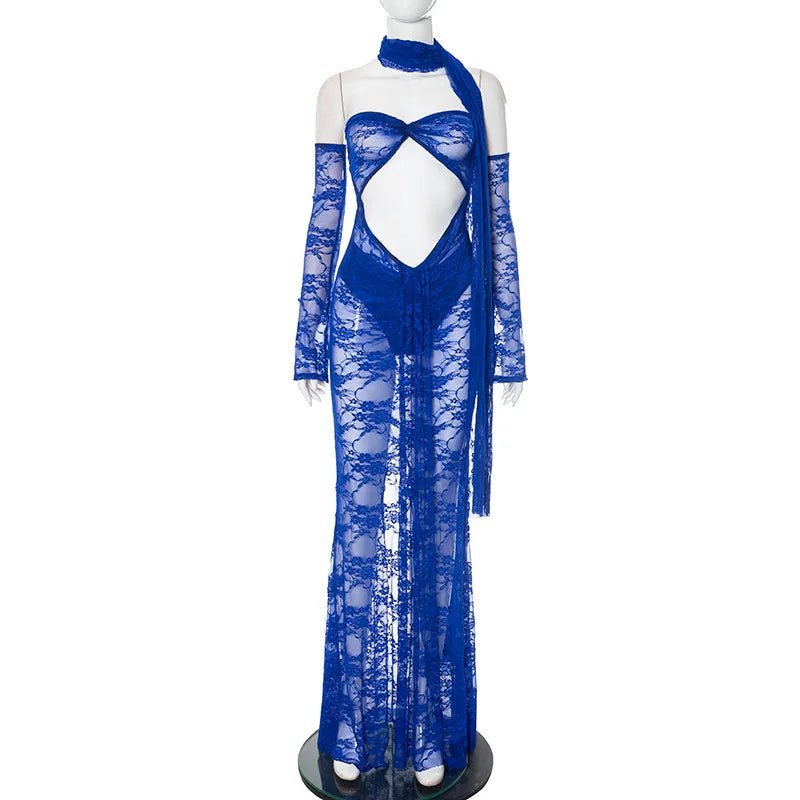 Dress See Through Lace Mesh Cutout Maxi With Long Sleeves For Beach Style And Summer Heat - SN Wigs & More