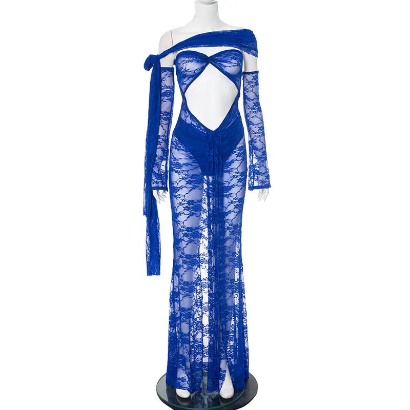 Dress See Through Lace Mesh Cutout Maxi With Long Sleeves For Beach Style And Summer Heat - SN Wigs & More