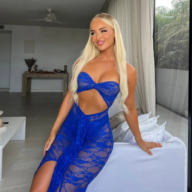 Dress See Through Lace Mesh Cutout Maxi With Long Sleeves For Beach Style And Summer Heat - SN Wigs & More