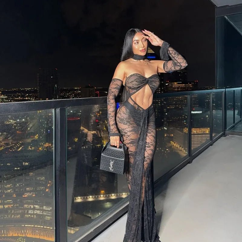 Dress See Through Lace Mesh Cutout Maxi With Long Sleeves For Beach Style And Summer Heat - SN Wigs & More