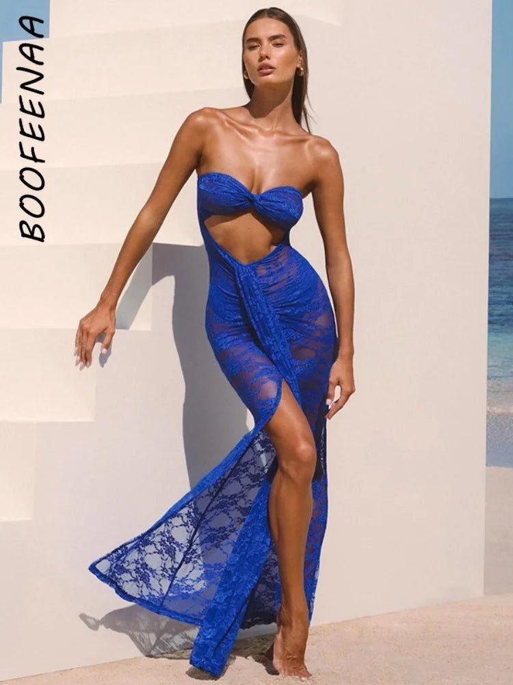 Dress See Through Lace Mesh Cutout Maxi With Long Sleeves For Beach Style And Summer Heat - SN Wigs & More