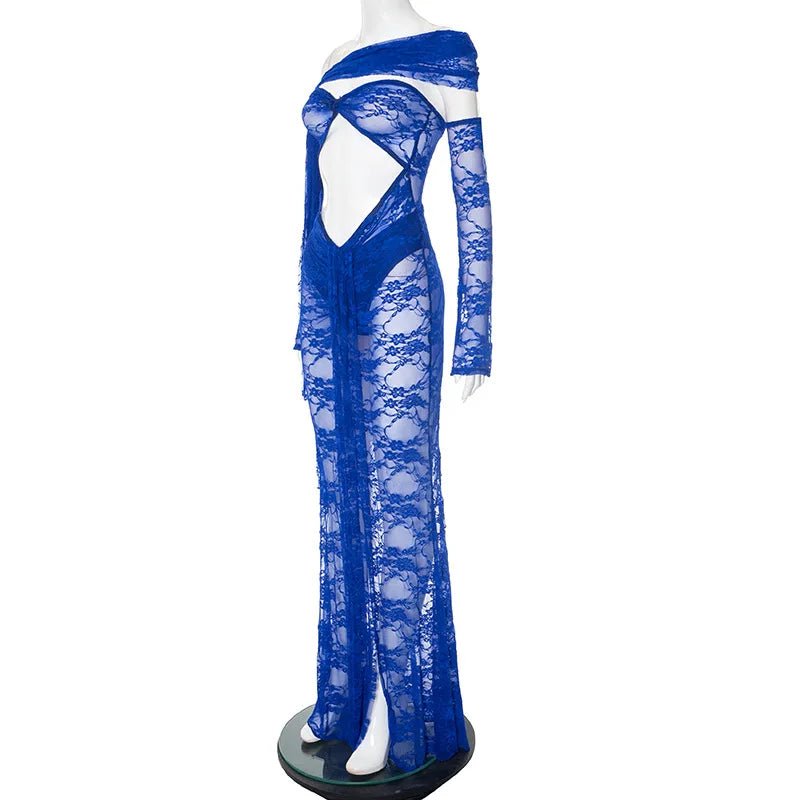 Dress See Through Lace Mesh Cutout Maxi With Long Sleeves For Beach Style And Summer Heat - SN Wigs & More