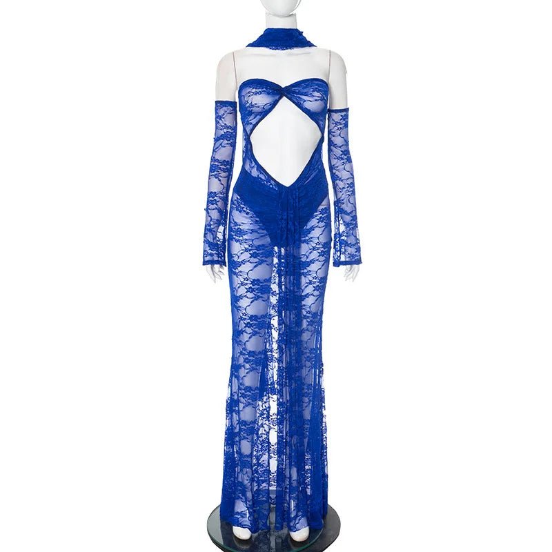 Dress See Through Lace Mesh Cutout Maxi With Long Sleeves For Beach Style And Summer Heat - SN Wigs & More