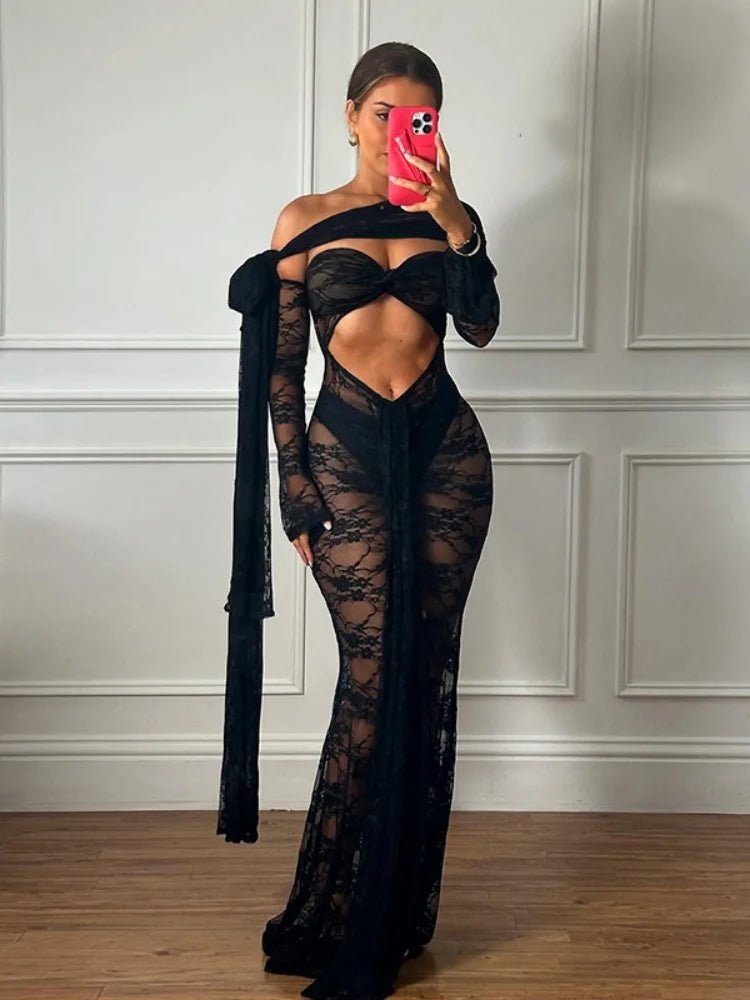 Dress See Through Lace Mesh Cutout Maxi With Long Sleeves For Beach Style And Summer Heat - SN Wigs & More