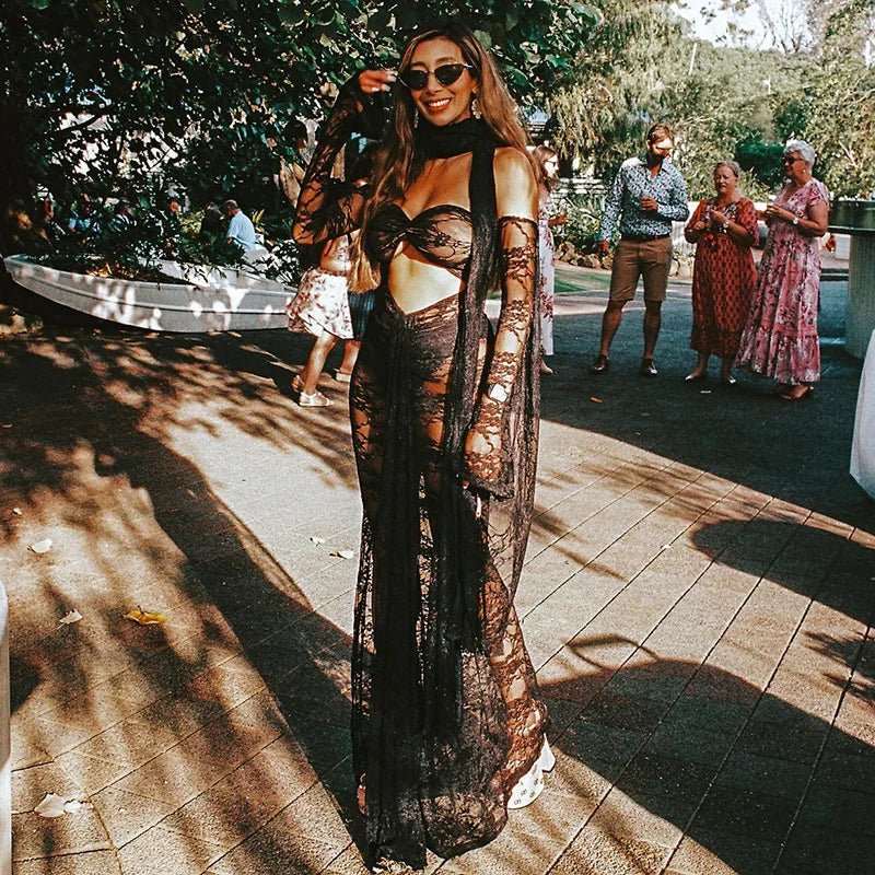 Dress See Through Lace Mesh Cutout Maxi With Long Sleeves For Beach Style And Summer Heat - SN Wigs & More