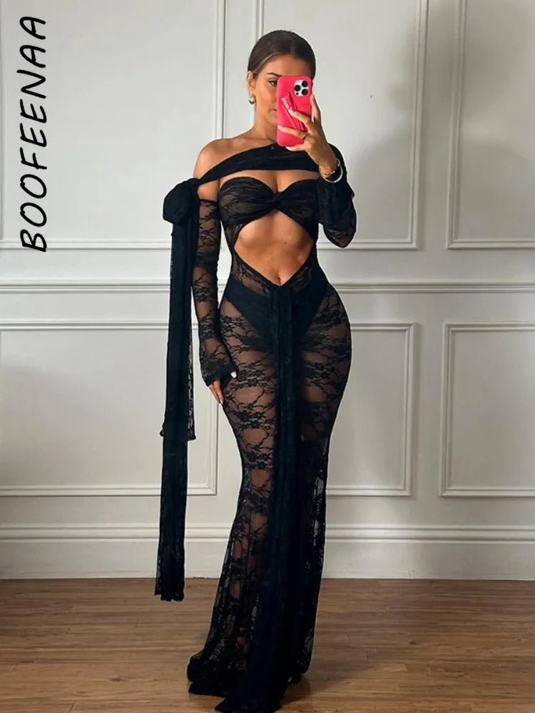 Dress See Through Lace Mesh Cutout Maxi With Long Sleeves For Beach Style And Summer Heat - SN Wigs & More