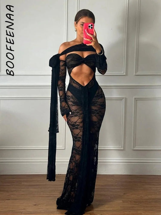Dress See Through Lace Mesh Cutout Maxi With Long Sleeves For Beach Style And Summer Heat - SN Wigs & More