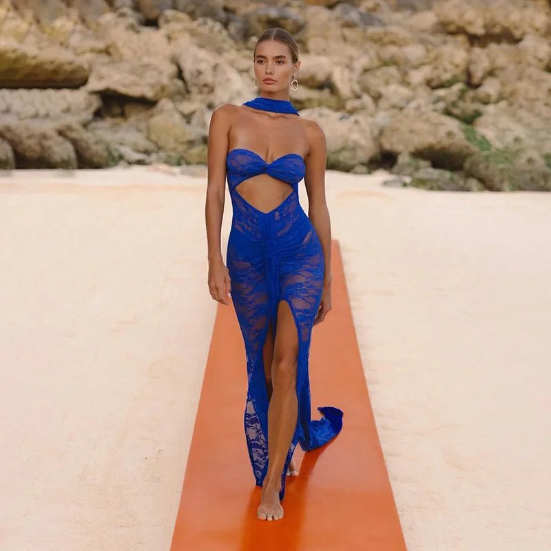 Dress See Through Lace Mesh Cutout Maxi With Long Sleeves For Beach Style And Summer Heat - SN Wigs & More