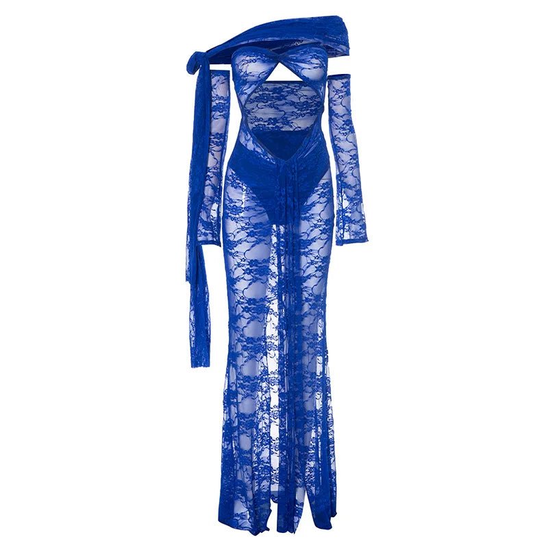 Dress See Through Lace Mesh Cutout Maxi With Long Sleeves For Beach Style And Summer Heat - SN Wigs & More