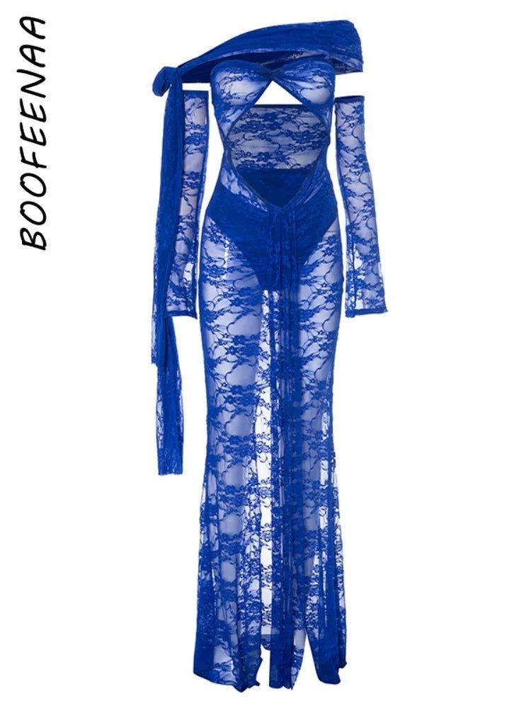 Dress See Through Lace Mesh Cutout Maxi With Long Sleeves For Beach Style And Summer Heat - SN Wigs & More