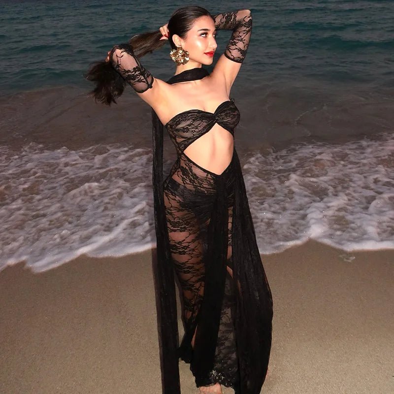 Dress See Through Lace Mesh Cutout Maxi With Long Sleeves For Beach Style And Summer Heat - SN Wigs & More
