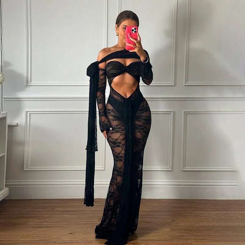 Dress See Through Lace Mesh Cutout Maxi With Long Sleeves For Beach Style And Summer Heat - SN Wigs & More