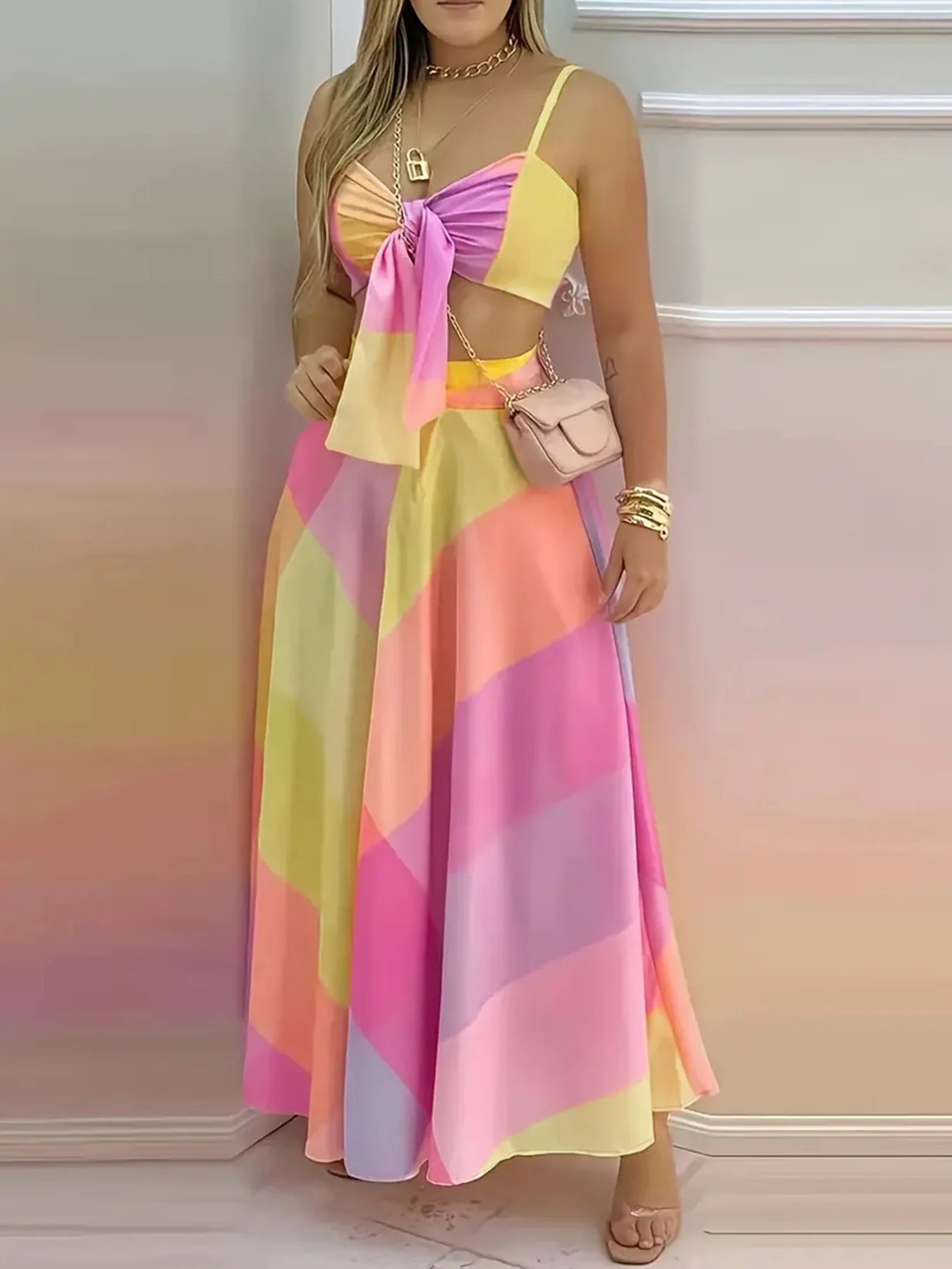 Dress Set With Lace - Up Short Top And Half - Length Skirt – Geometric Pattern Style - SN Wigs & More