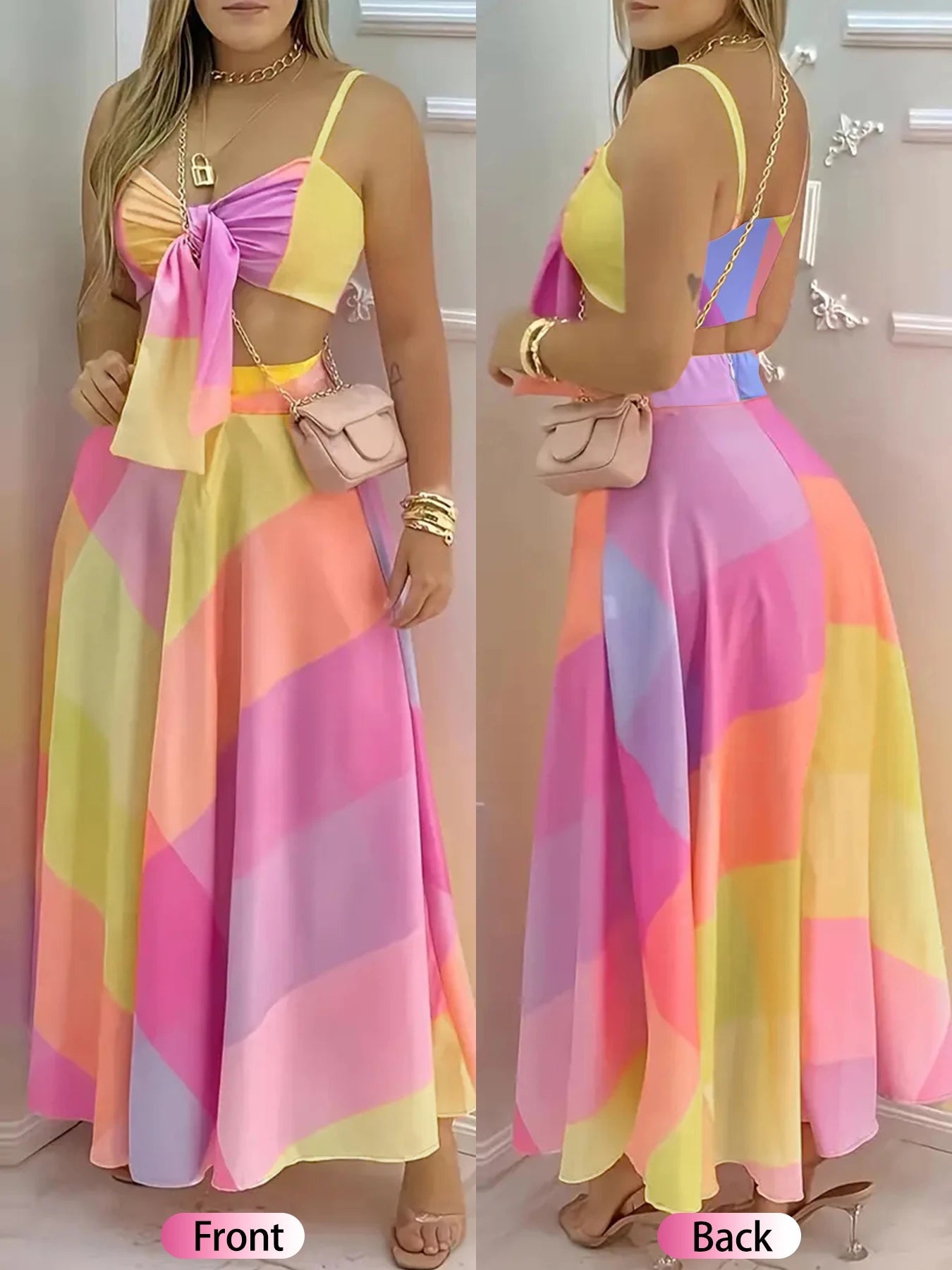 Dress Set With Lace - Up Short Top And Half - Length Skirt – Geometric Pattern Style - SN Wigs & More