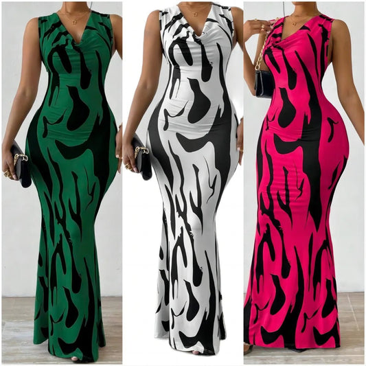 Dress Sleeveless Print Midi Wrap Waist Elegant Office Style Summer Travel Ready Now - SN Wigs & More
