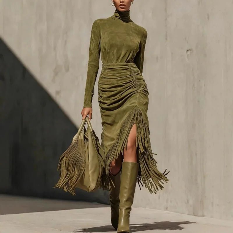 Dress Solid High Waist Tassels Pleated - Retro Elegant Turtleneck Long Sleeve Party Occasion - SN Wigs & More