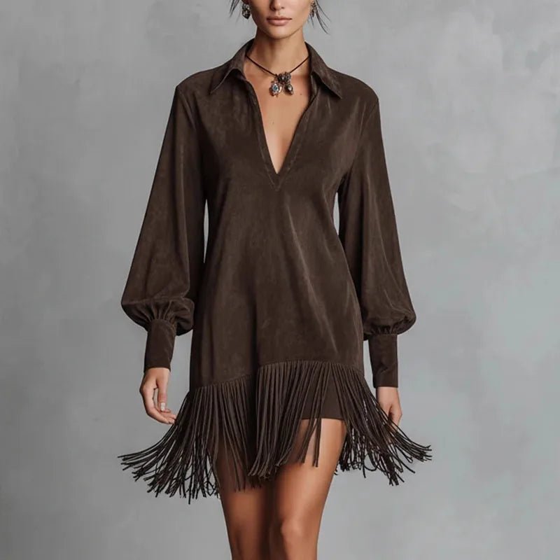 Dress Tassel Details Imitation Suede A Line Long Sleeve Hollow Neckline Spring Retro Party Dress - SN Wigs & More