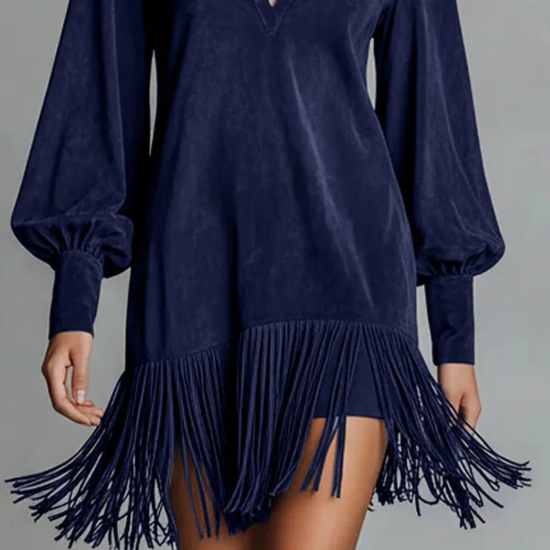 Dress Tassel Details Imitation Suede A Line Long Sleeve Hollow Neckline Spring Retro Party Dress - SN Wigs & More