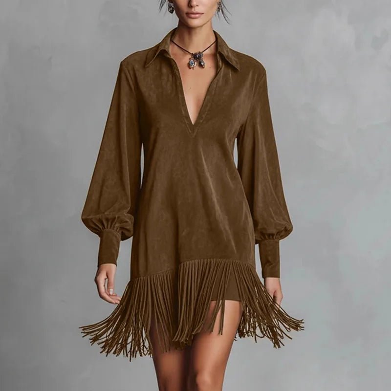 Dress Tassel Details Imitation Suede A Line Long Sleeve Hollow Neckline Spring Retro Party Dress - SN Wigs & More
