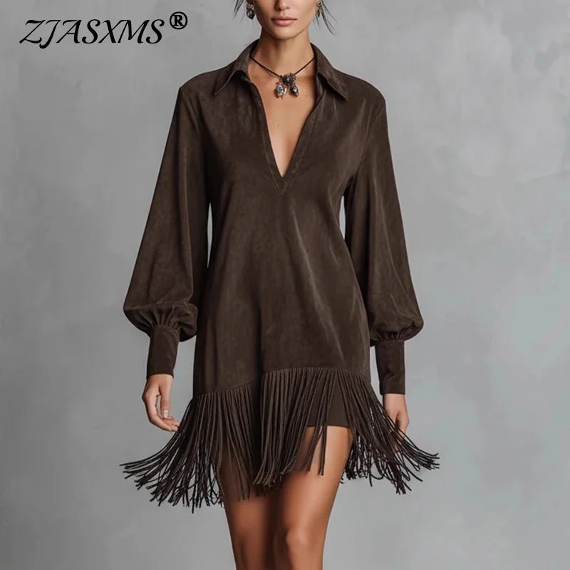 Dress Tassel Details Imitation Suede A Line Long Sleeve Hollow Neckline Spring Retro Party Dress - SN Wigs & More