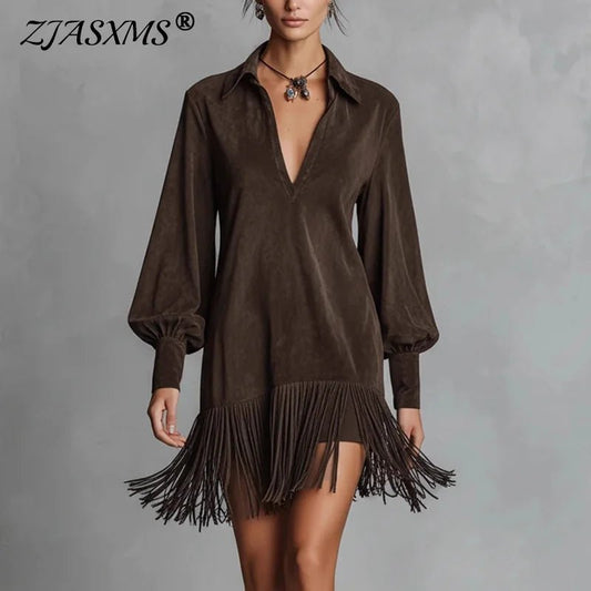 Dress Tassel Details Imitation Suede A Line Long Sleeve Hollow Neckline Spring Retro Party Dress - SN Wigs & More