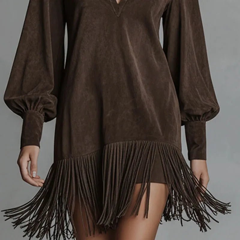 Dress Tassel Details Imitation Suede A Line Long Sleeve Hollow Neckline Spring Retro Party Dress - SN Wigs & More