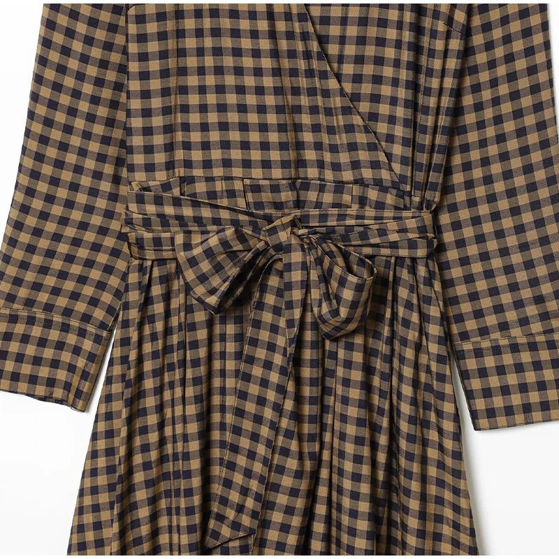 Dress Tie Up Bow Plaid A Line Long Sleeve Elegant Classic - SN Wigs & More