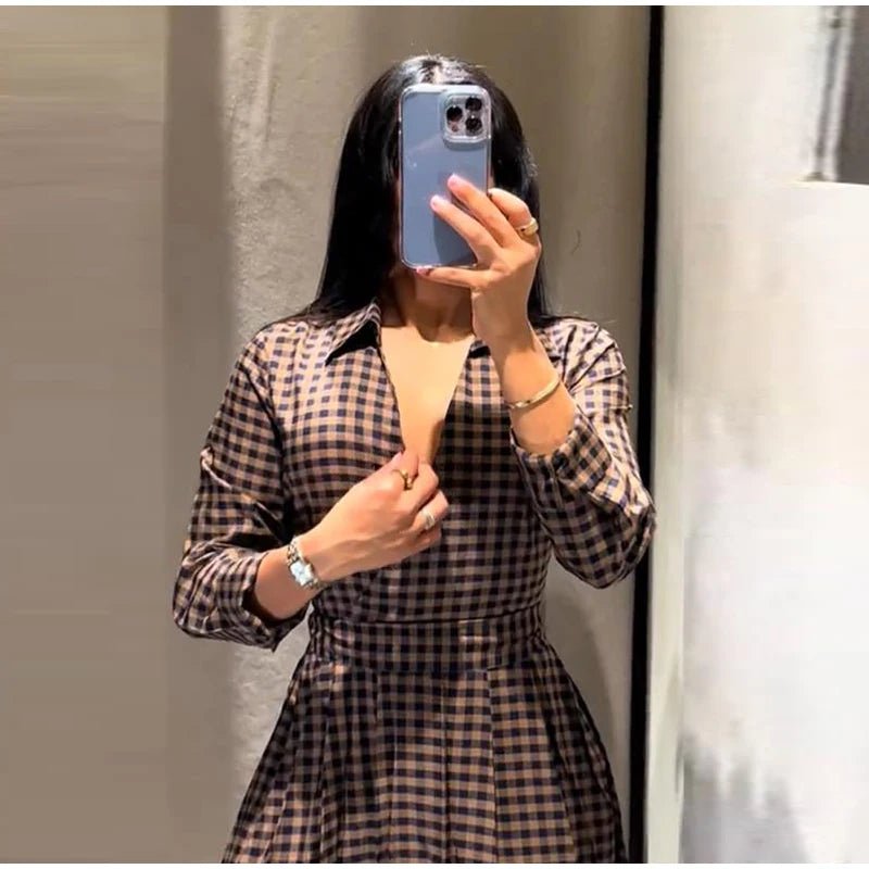 Dress Tie Up Bow Plaid A Line Long Sleeve Elegant Classic - SN Wigs & More