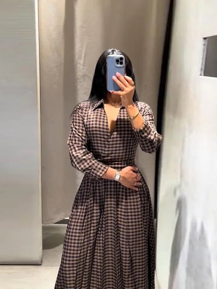 Dress Tie Up Bow Plaid A Line Long Sleeve Elegant Classic - SN Wigs & More