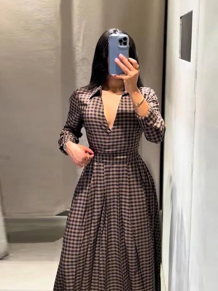 Dress Tie Up Bow Plaid A Line Long Sleeve Elegant Classic - SN Wigs & More