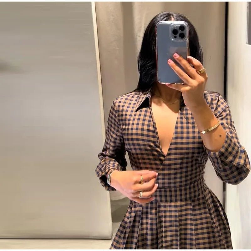 Dress Tie Up Bow Plaid A Line Long Sleeve Elegant Classic - SN Wigs & More