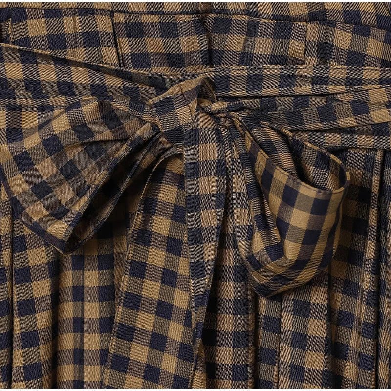 Dress Tie Up Bow Plaid A Line Long Sleeve Elegant Classic - SN Wigs & More