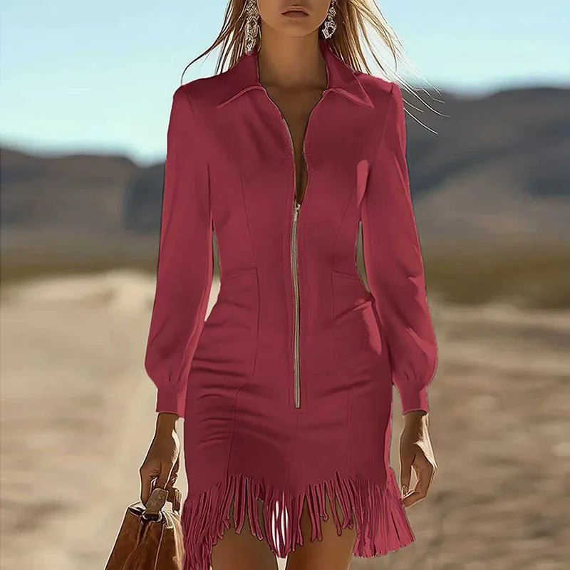 Dress Turn - Down Collar Zipper - Slim Tassel Suede Boho Style For Modern Spring Wardrobe - SN Wigs & More